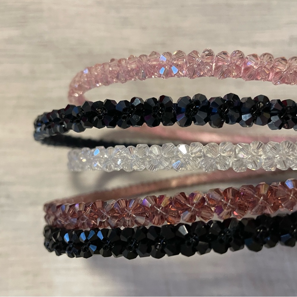 Set of 5 Double Row Crystal Headbands - purple, pink, black, navy, white